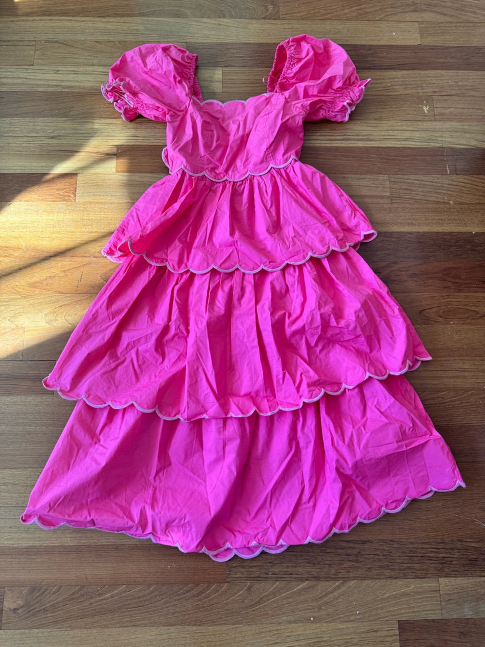 English Factory Hot Pink Tiered Midi Dress with Scalloped Trim - Picture 3 of 6